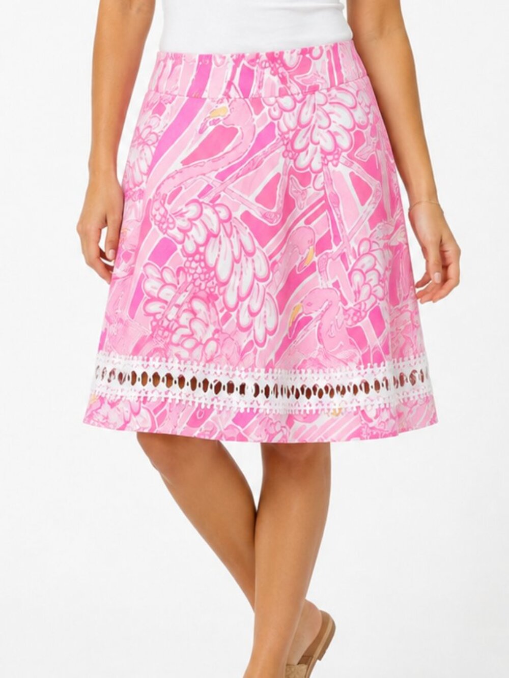 Lilly Pulitzer White Label Vintage Flamingo Print Crochet A-Line Skirt Size 10
